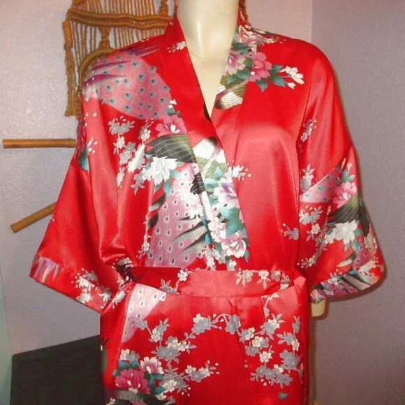 Vtg Silk Kimono Robe One Size Asian Smoking Jacket Dressing Gown Exotic Floral - Picture 2 of 8
